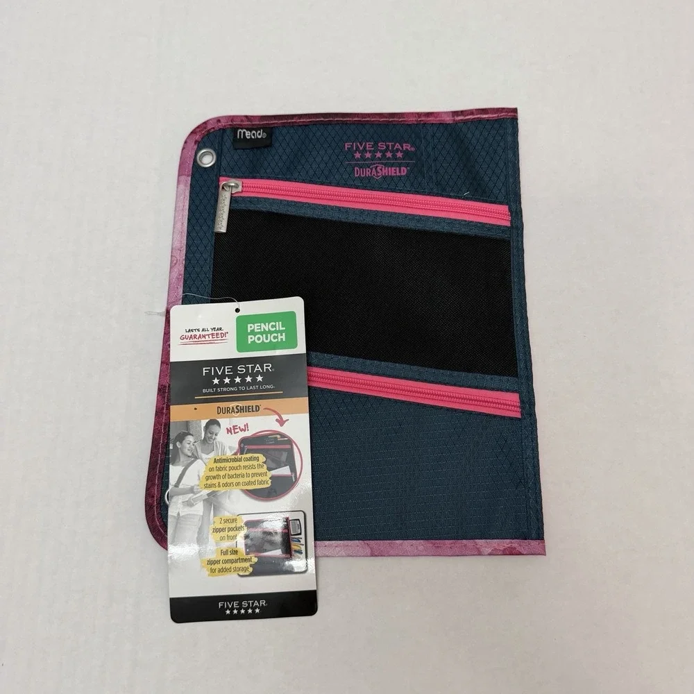 Mead Five Star 3 Compartment Zipper Pencil Pouch Case 3 Ring Pink Gray NWT